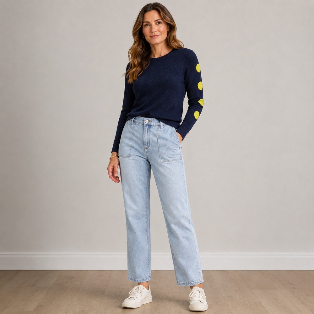 Alice + Olivia Navy Cashmere Polka Dot Sleeve Sweater Small